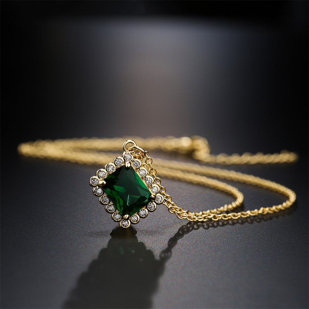 INS Style Geometric Green Zircon Pendant Necklace for Women with Copper Base and 18K Gold Plating