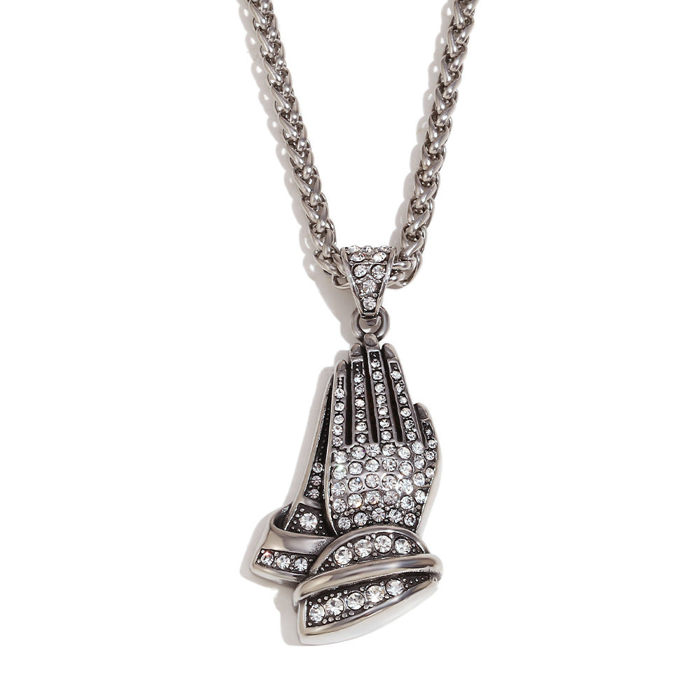 Vintage Hip Hop Geometric Stainless Steel Plated 18K Gold Palm Gesture Pendant Necklace for Men with Twisted Chain