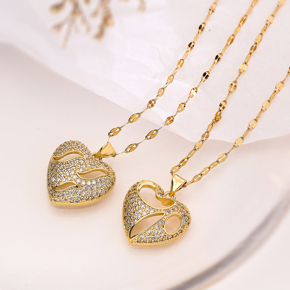 Minimalist Hollow Heart Shaped Zircon Pendant Necklace for Women in Copper with Fashionable Commuter Style