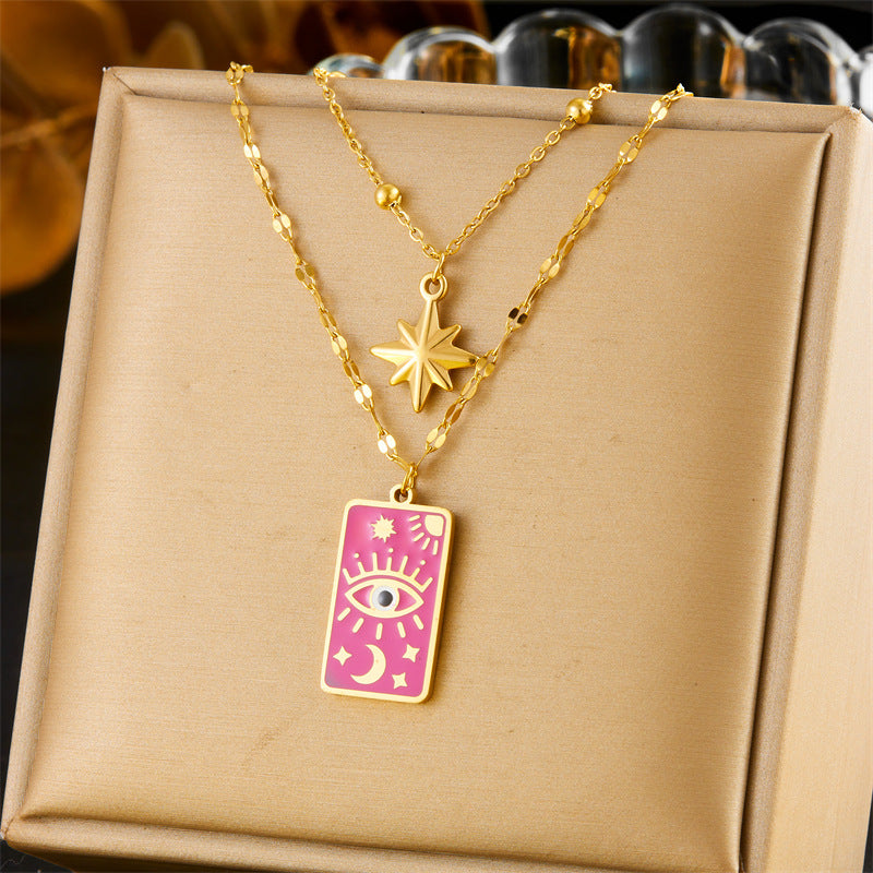 Vintage Square Dripping Oil Evil Eye Earrings and Necklace Set Star Moon Collar Chain Women's Jewelry