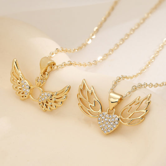 Minimalist 18K Gold Plated Brass Heart Wing Pendant Necklace with Cubic Zirconia for Women