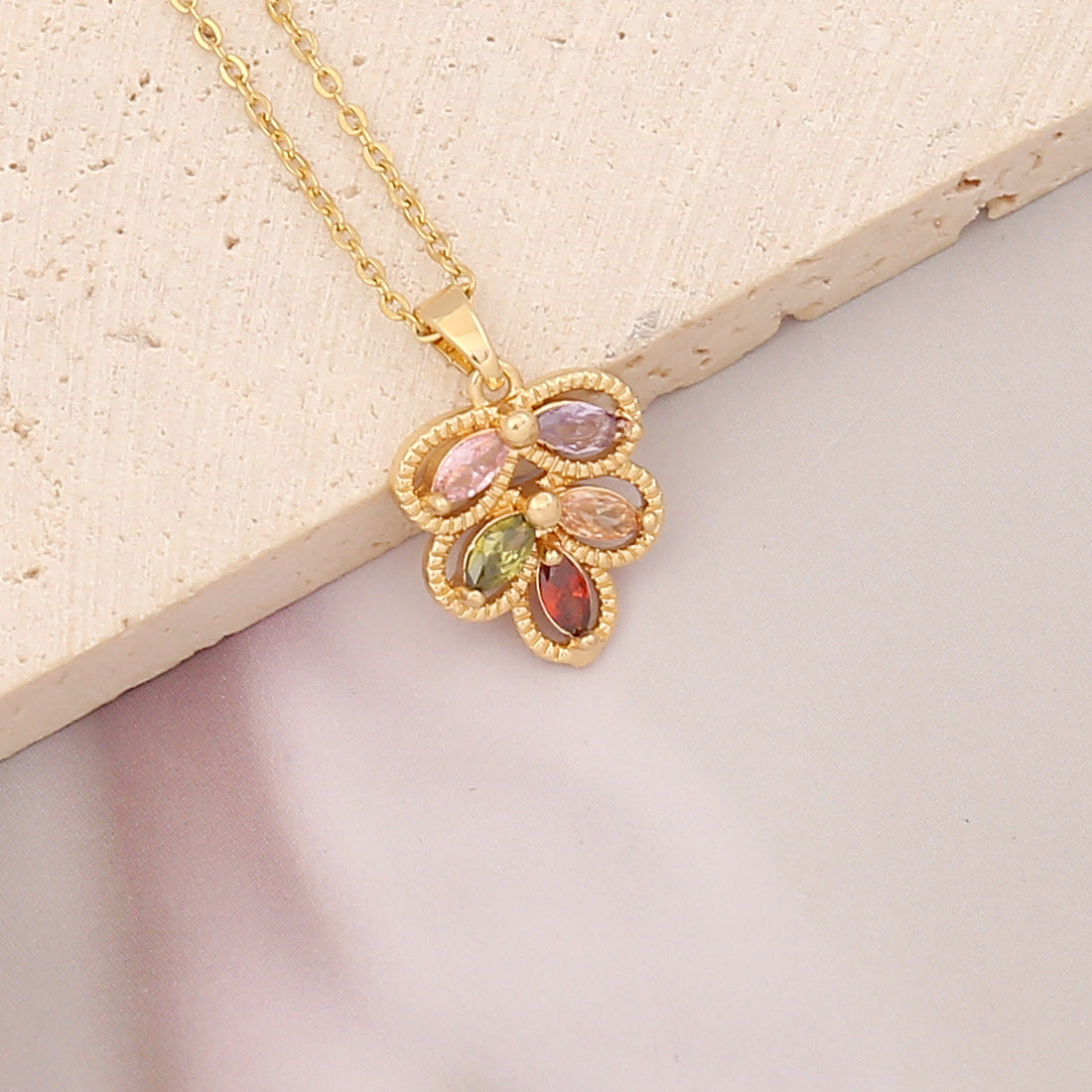 Elegant Brass Plated Leaf Heart Pendant Necklace with Cubic Zirconia Inlay