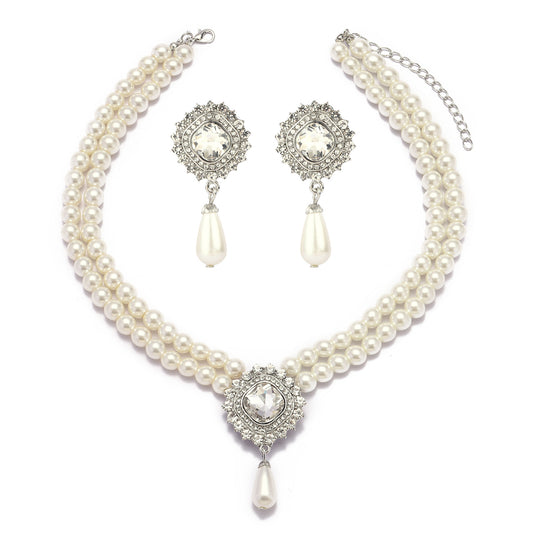 Conjunto de collar y pendientes de perlas naturales en forma de gota de agua con colgante de aleación chapado en cadena de perlas para mujer