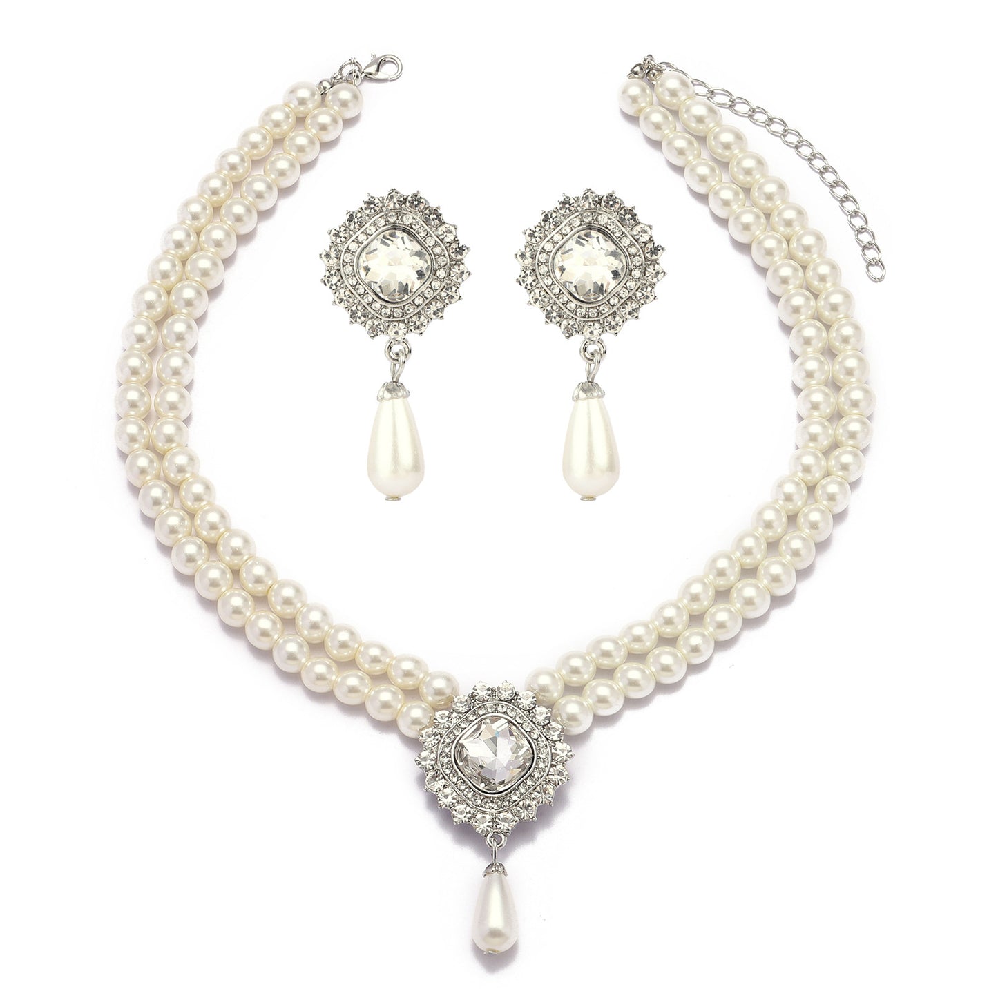 Minimalist Double-Layer Pearl and Crystal Necklace and Earrings Set with Heart Water-Drop Bell Charms on O-Chain for Women