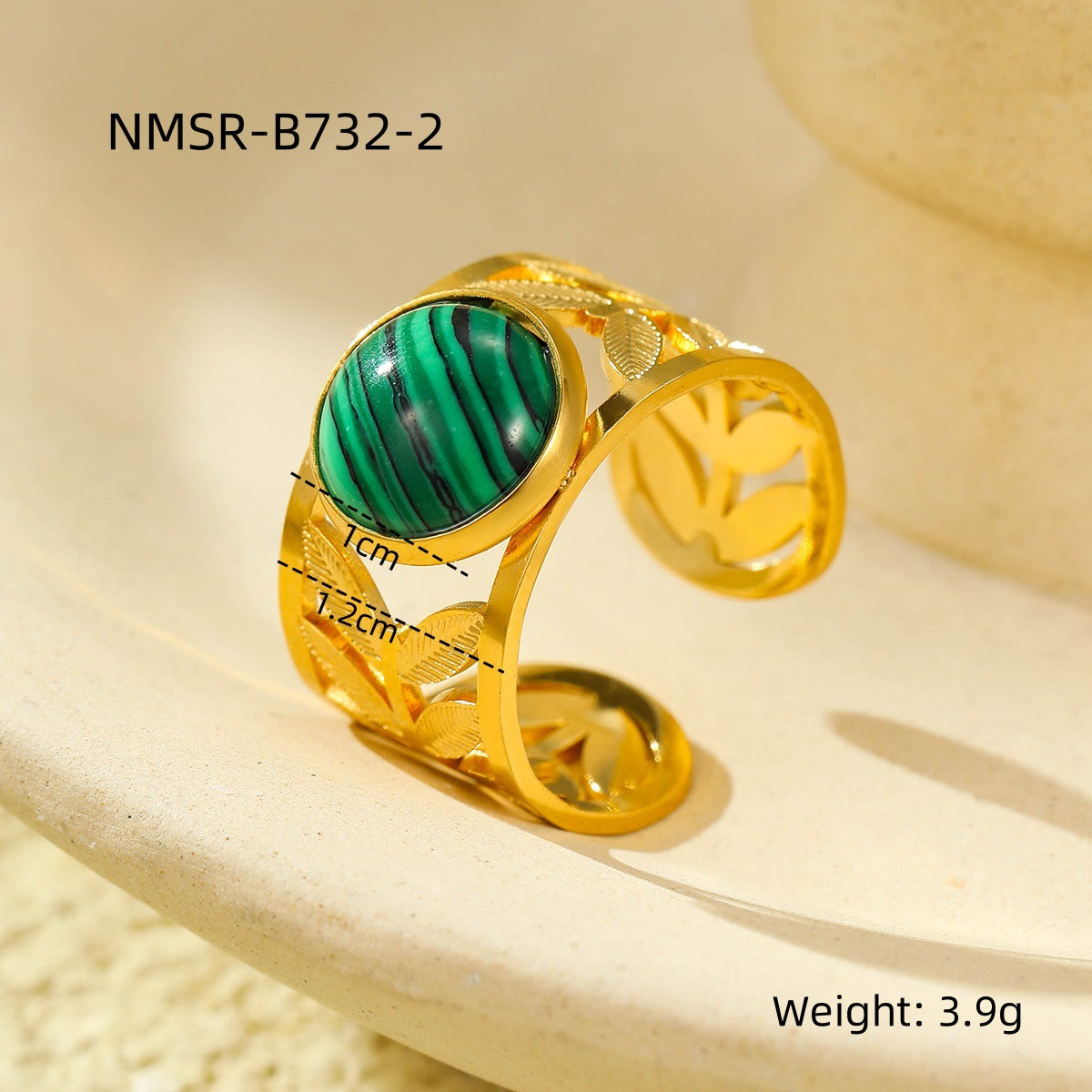 Anello in Acciaio Inossidabile con Motivo Geometrico Stile Vintage Instagram con Intarsio in Pietra Naturale e Placcatura in Oro 18K da Donna