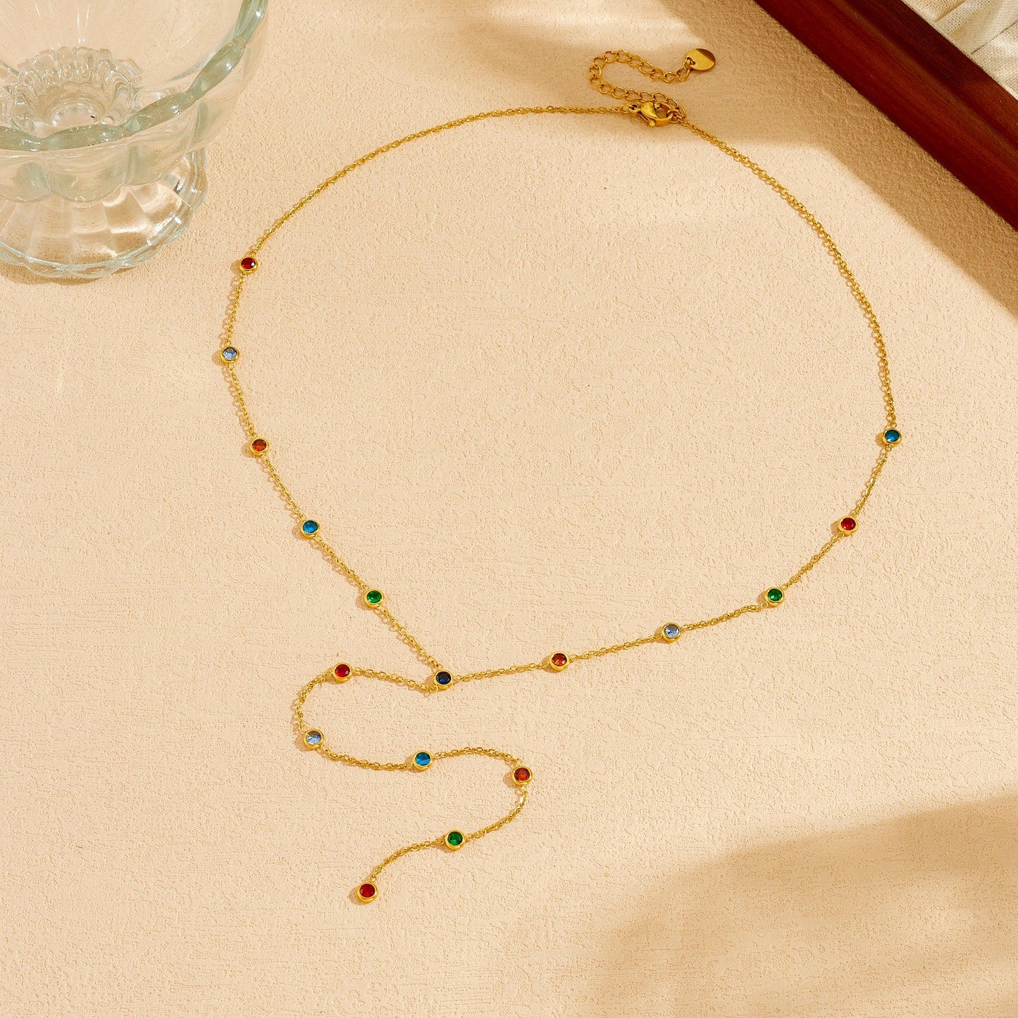 Minimalist Gold Plated Round Rhinestone Inlay Stainless Steel Y-Shape Necklace for Women
