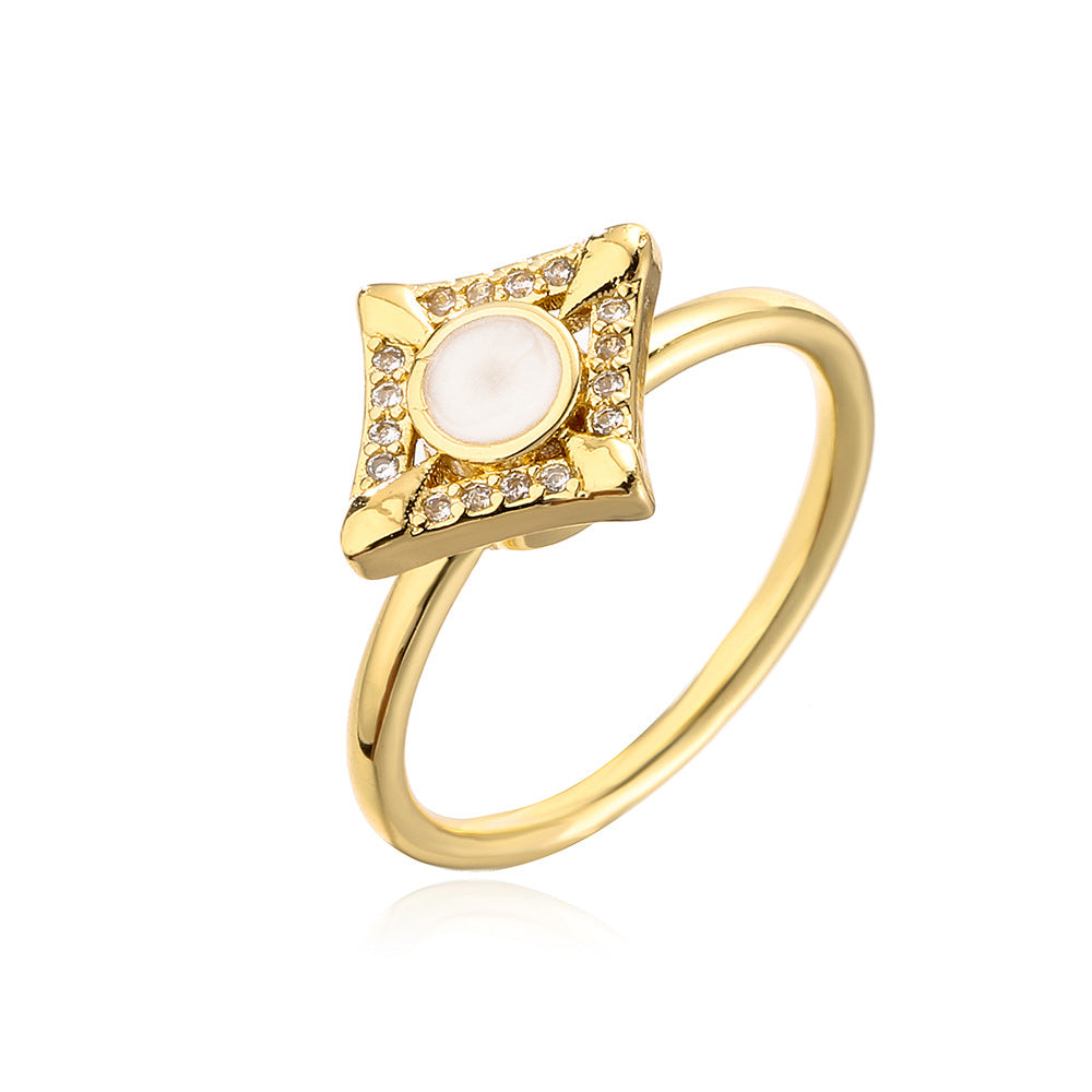 Anello Aperto Geometrico alla Moda da Donna con Base in Rame Placcata Oro 18K e Pietra in Zirconia Micro-Incastonata