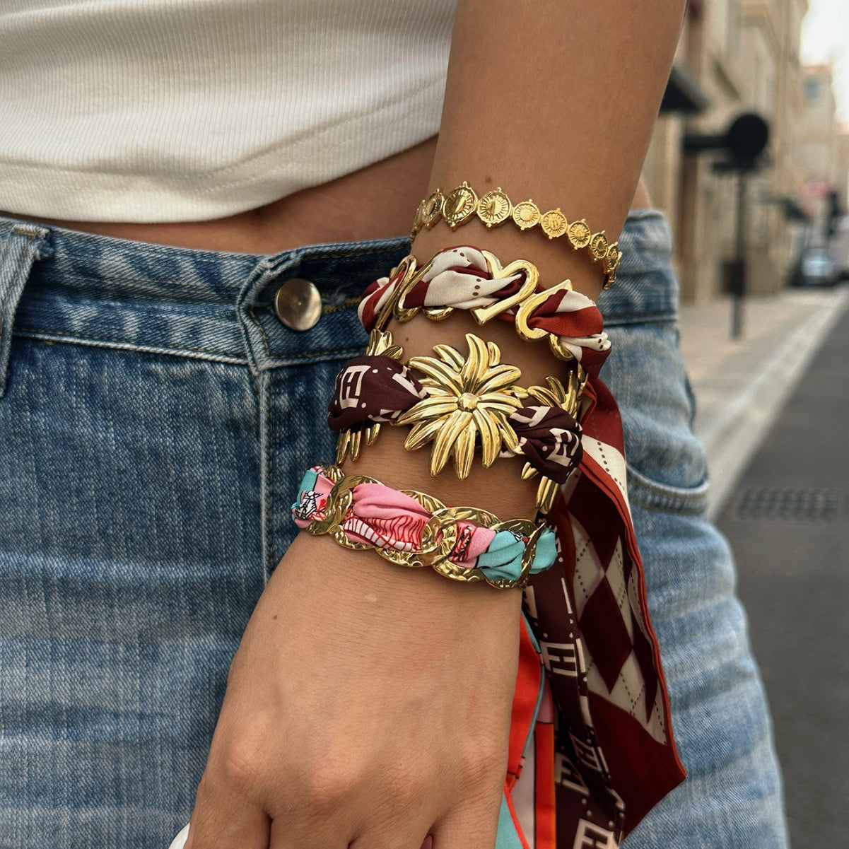 Bohemian Plated Stainless Steel Round Heart Coin Hollow Bracelet Set