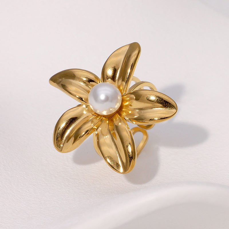 Minimalist Floral Stainless Steel Ring with Plated Finish for Women, Adjustable Open Band Style Simulated Pearl Accent