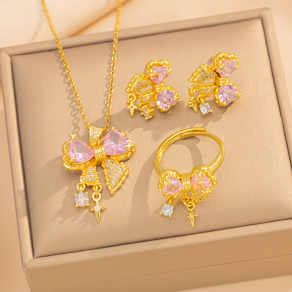 Luxury Bow-Shaped Zirconia Pendant Necklace for Women in Titanium Steel with Vacuum Plating and O-Chain