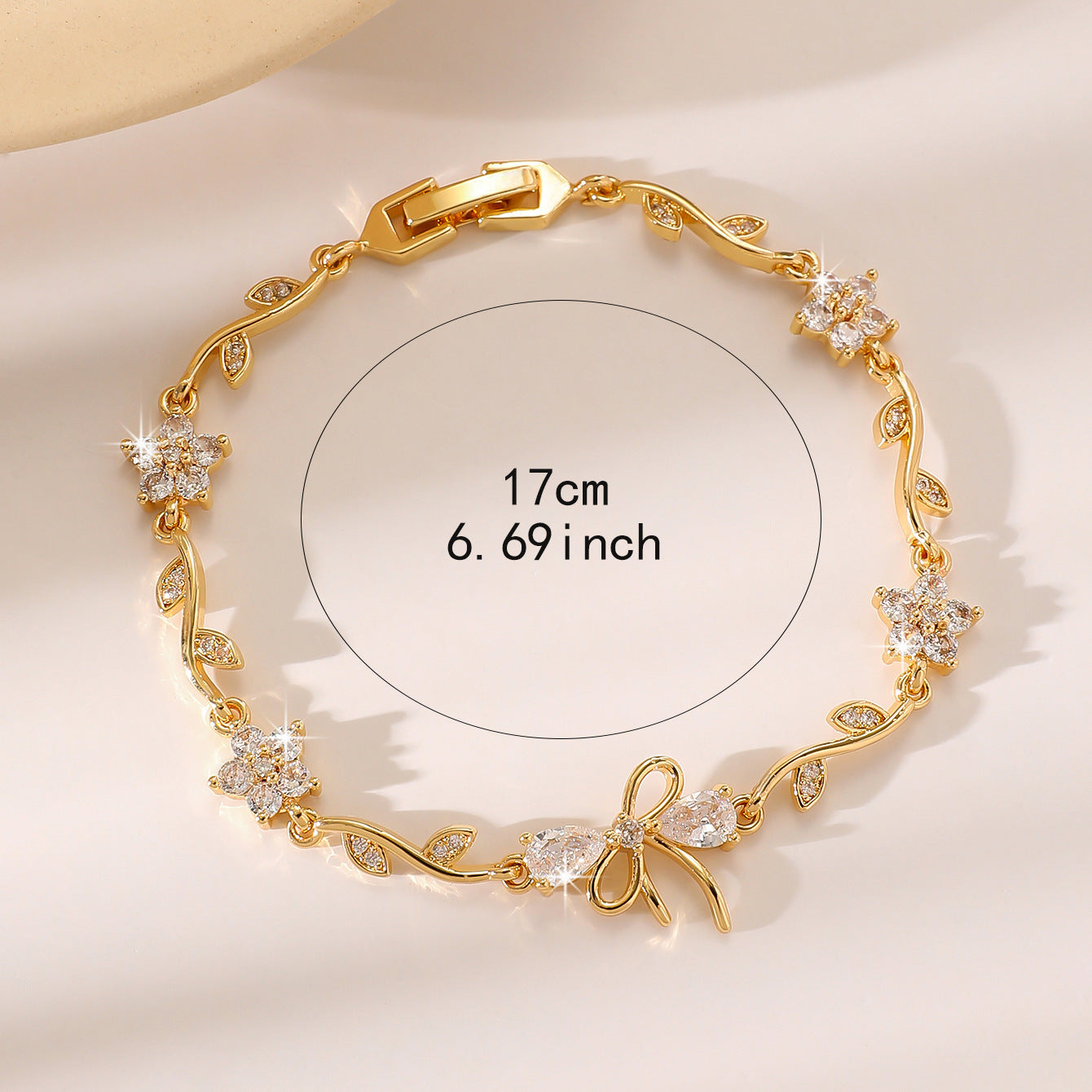 Luxury Gold Plated Brass Leaf Bracelet with Cubic Zirconia Inlay Unisex Floral Design