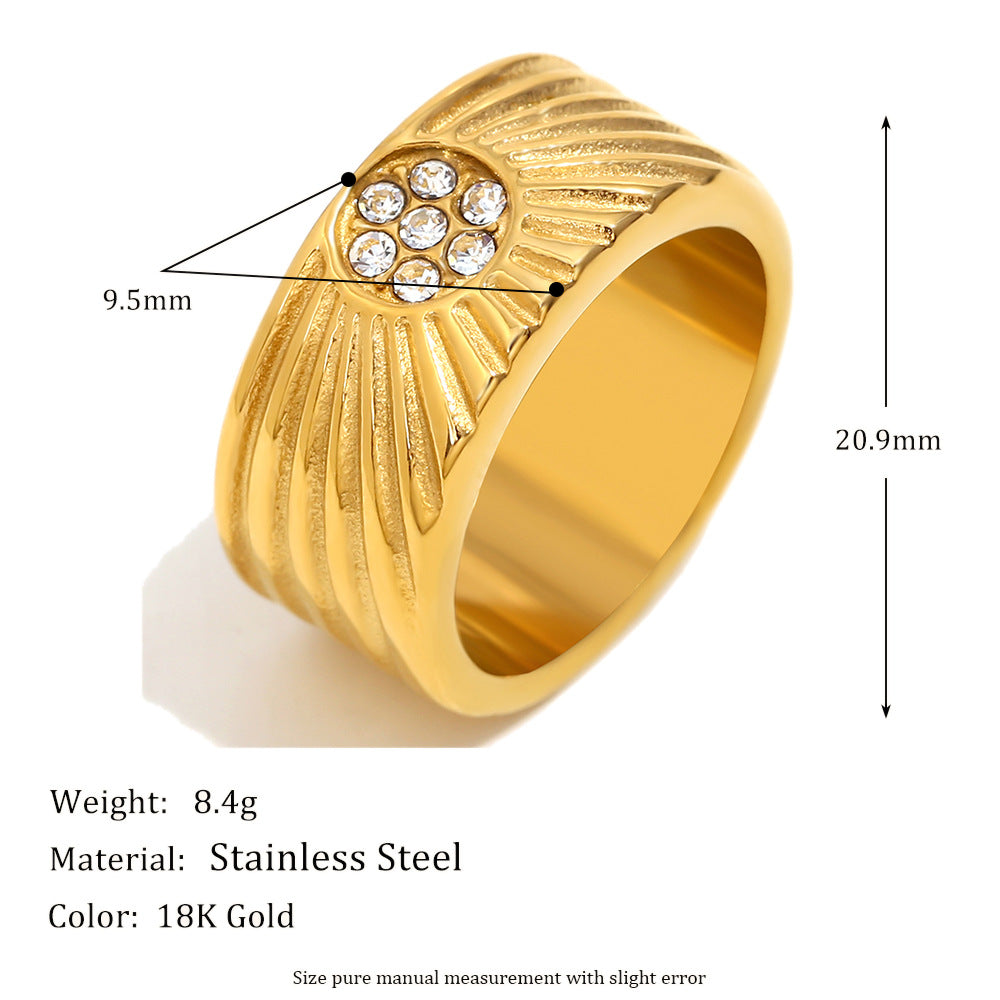 Minimalist Geometric Stainless Steel Ring with 18K Gold Plating and Round Zirconia for Women