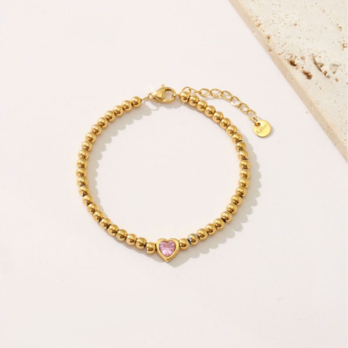Pulsera de acero titanio con forma de corazón estilo INS para mujer con incrustaciones de pedrería y acabado chapado