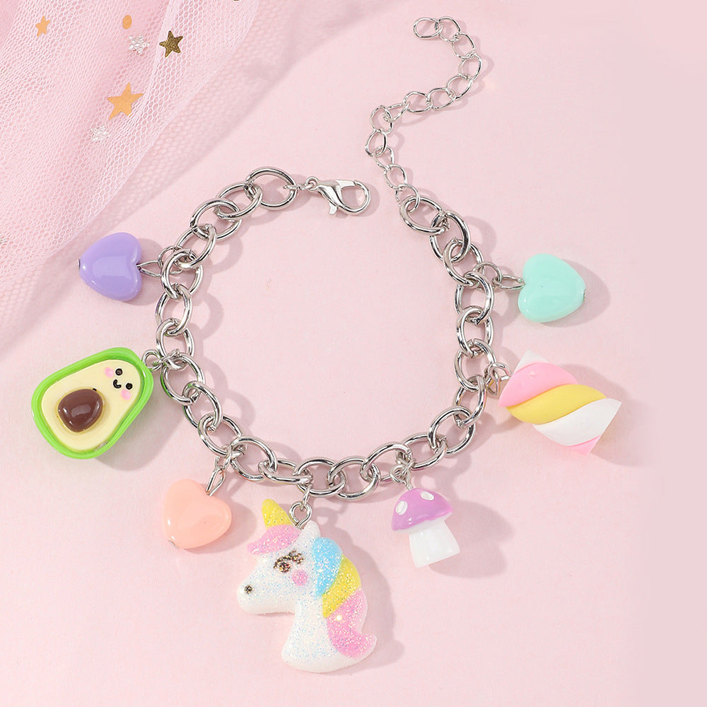 Braccialetto per bambini con unicorno arcobaleno in stile punk e ciondolo in resina di plastica per ragazze dai 3 ai 10+ anni