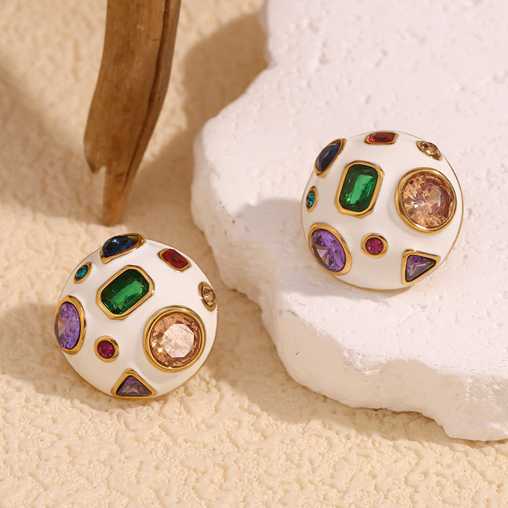 Minimalist Geometric Stainless Steel Earrings with 18K Gold Plating and White Enamel Finish for Women