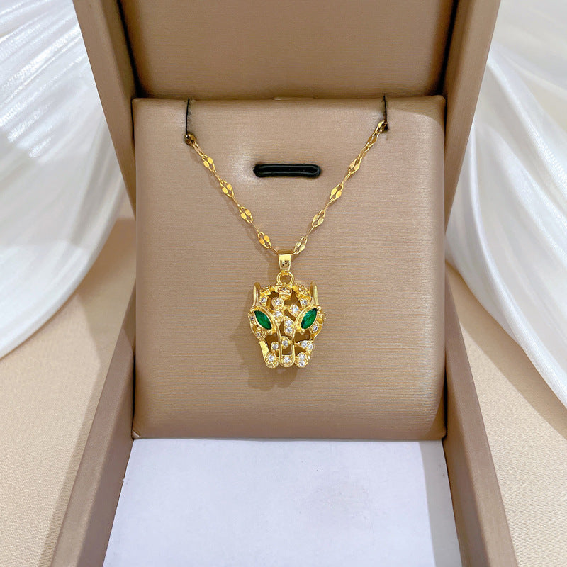 Minimalist Geometric Leopard Pendant Necklace and Stud Earrings Set in Titanium Steel with Zircon Inlay and Plated Finish