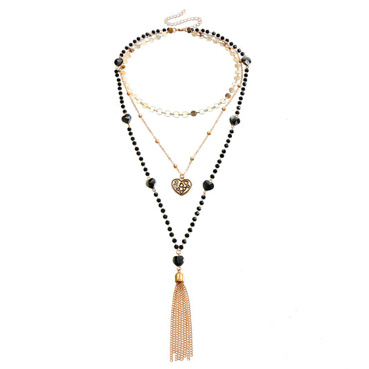 Collana con ciondolo a cuore lungo e minimalista in cristallo nero da donna con catena in lega e finitura galvanizzata