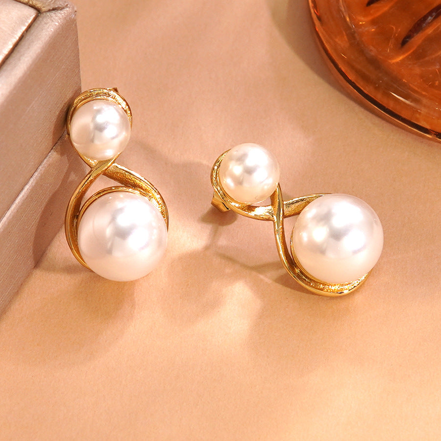 Vintage Elegant Geometric Round Gold Plated Stainless Steel Pearl Earrings