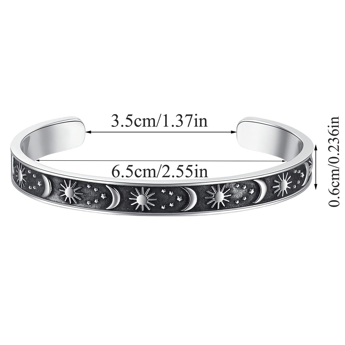 Bracciale a C in acciaio inossidabile inciso al laser con motivo Sole Luna e Stella Finitura lucida Gioielli motivazionali