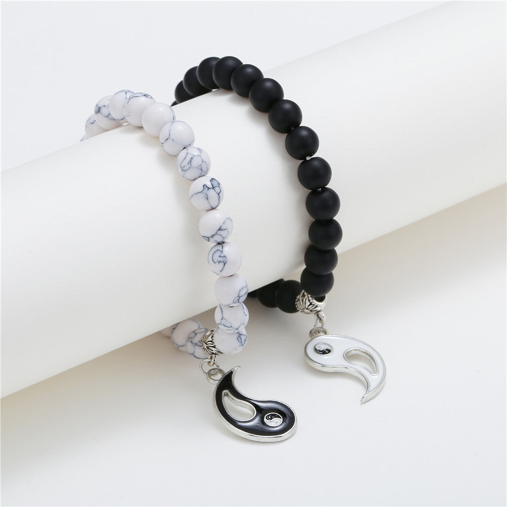 Yin Yang Geometric Round Drip Oil Matte Black and White Turquoise Alloy Bracelet Set for Unisex