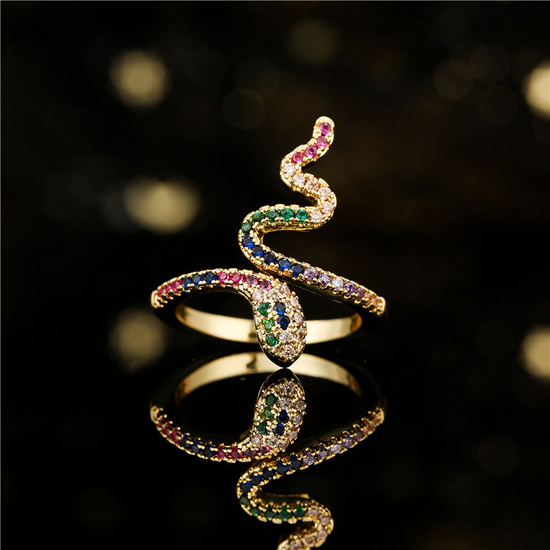 Anello aperto unisex in rame con zirconi cubici micro-incastonati a forma di serpente geometrico stile INS
