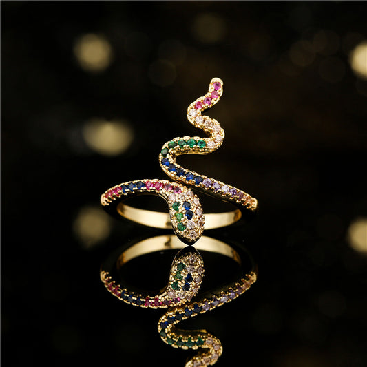 Anillo abierto unisex de cobre con diseño geométrico de serpiente y microincrustaciones de circonitas cúbicas, estilo INS