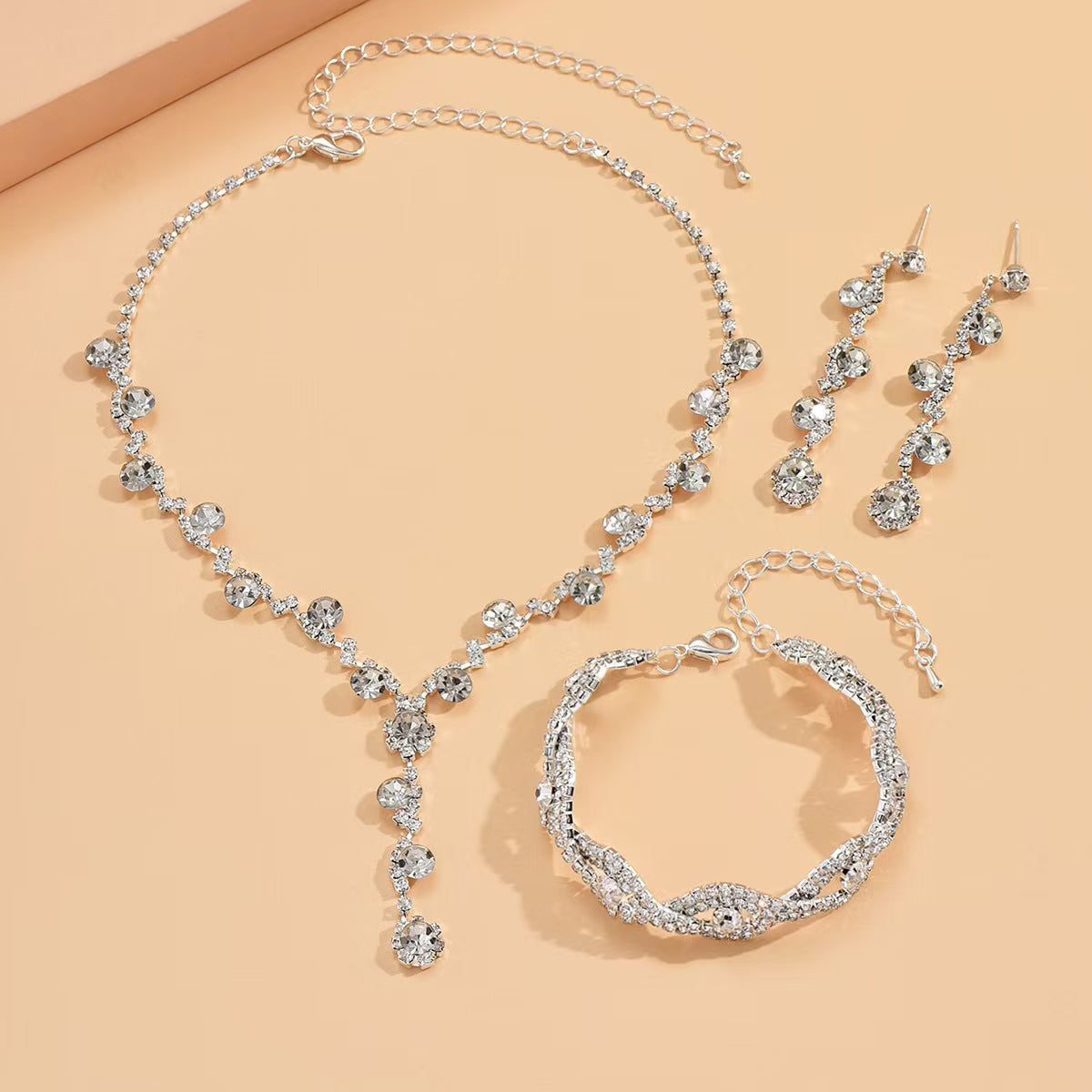 Elegant Ocean Life Shaped Rhinestone Clavicle Necklace Set with Earrings and Bracelet for Women in Plated Copper