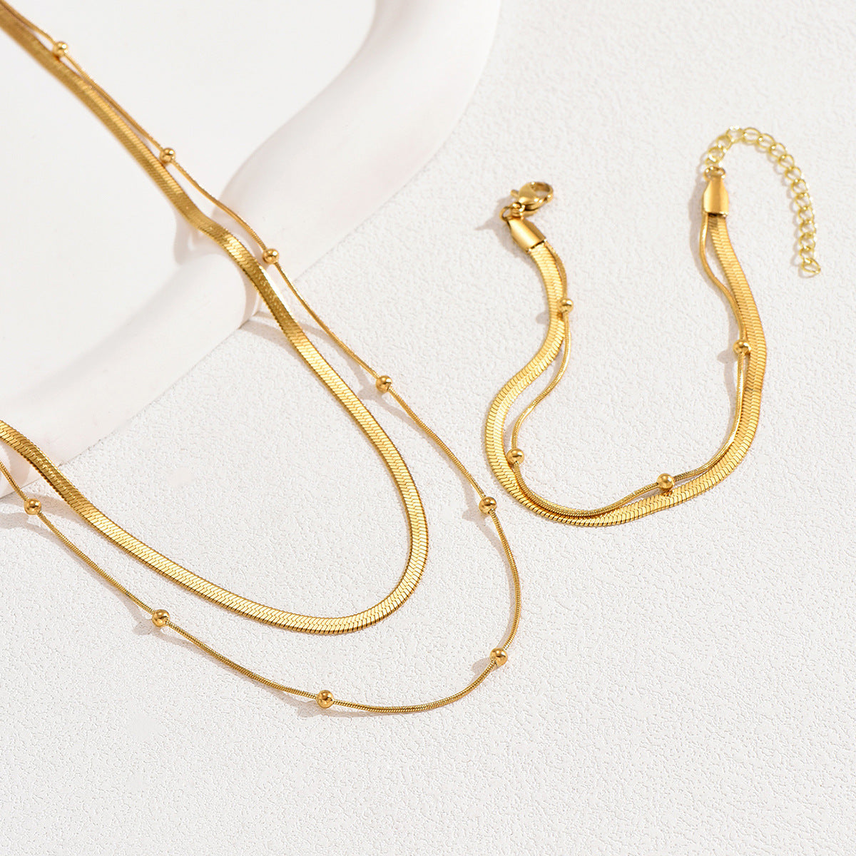 Juego de collar y pulsera minimalistas de varias capas estilo americano para mujer con diseño geométrico circular y lineal chapado en cobre