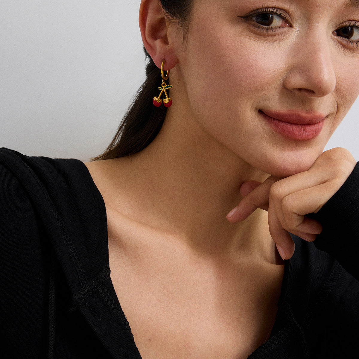 Elegant Geometric Cherry Drip Oil Plated Stainless Steel Earrings for Women