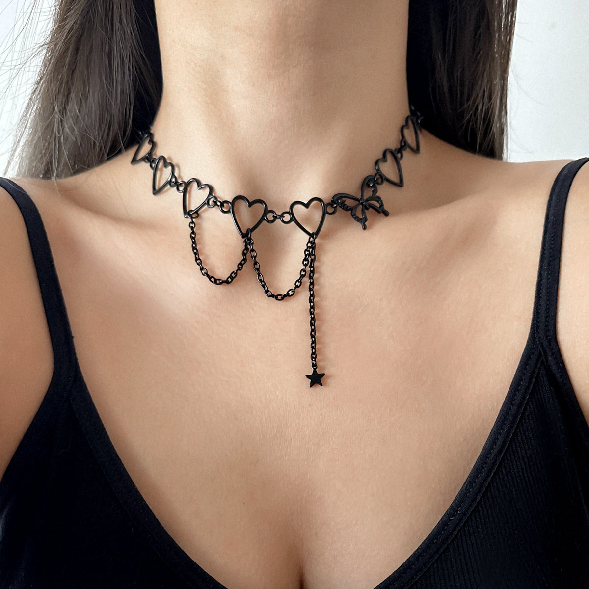 Sweet and Edgy Asymmetrical Heart Butterfly Star Pendant Necklace with Rhinestone Accents on Cross Chain for Women