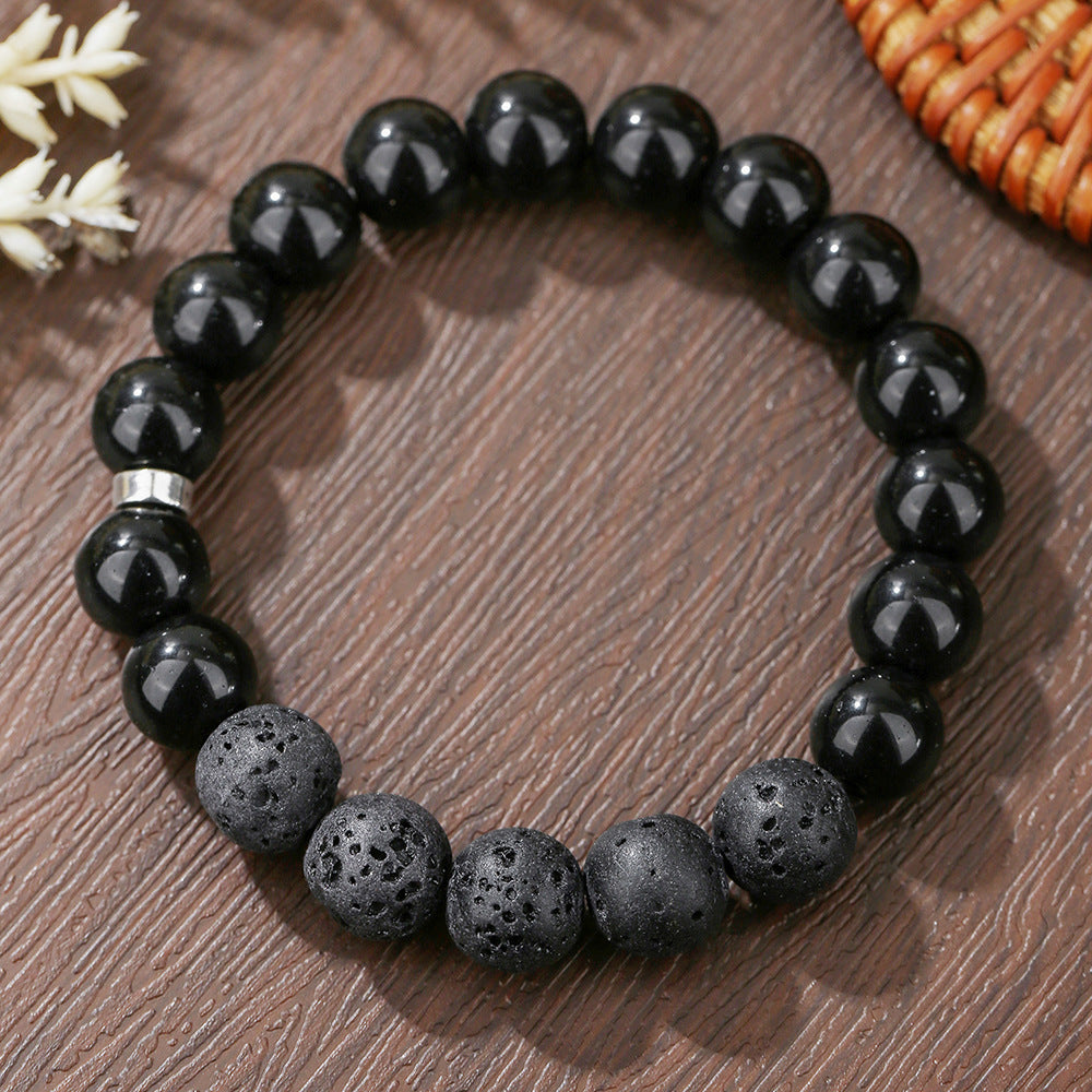 Men's Matte Black Obsidian and Volcanic Stone Beaded Bracelet Square Round Geometric Unisex Jewelry