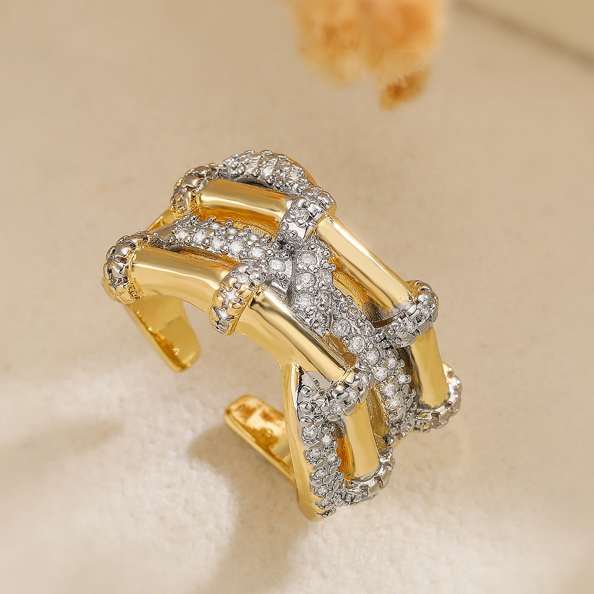 Minimalist Two-Tone Plated Geometric Open Ring with Cubic Zirconia for Women