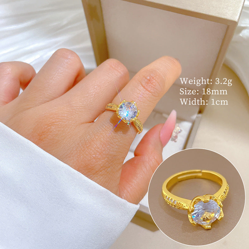 Minimalist Geometric Gold-Plated Brass Open Ring for Women with Crown Shape and Rhinestone Inlay