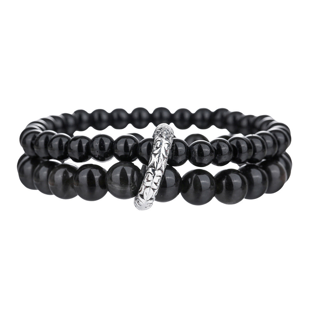 Vintage Chinese Zen Geometric Round Black Agate and Alloy Beaded Bracelet for Men and Women