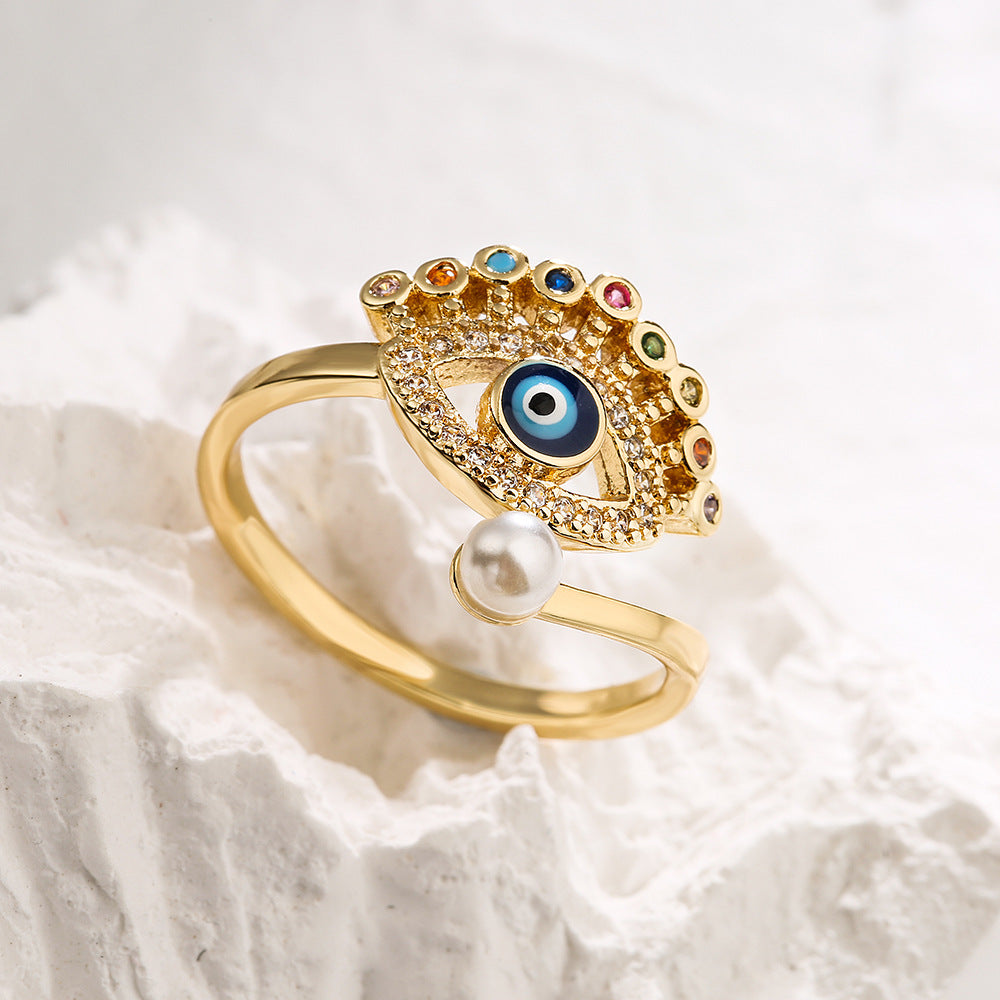 Anello Minimalista Geometrico Occhio di Falco da Donna in Rame con Placcatura in Vero Oro e Intarsi in Zircone
