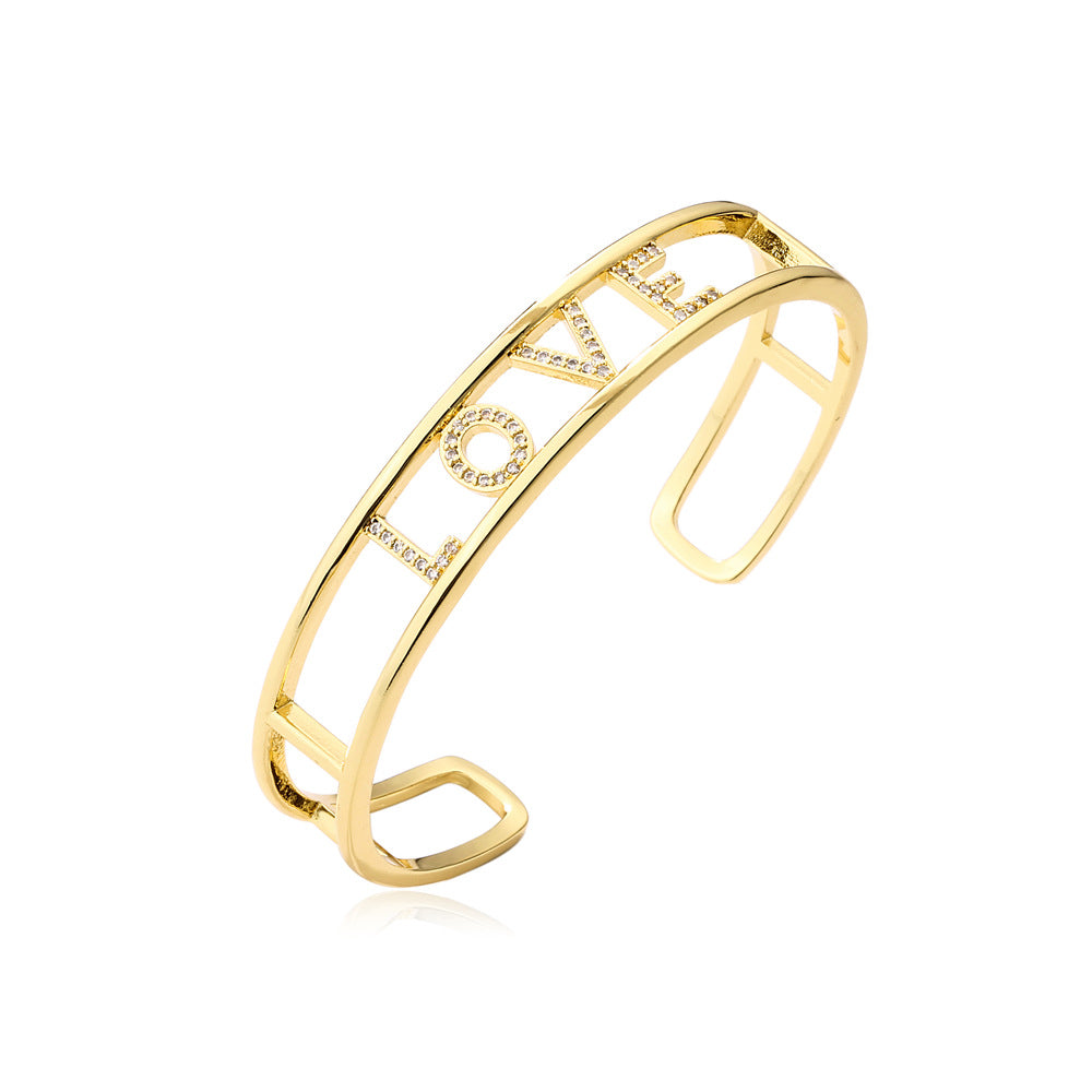 Minimalist Gold Plated Brass Micro-Inlaid Cubic Zirconia LOVE Letter Cuff Bracelet for Women