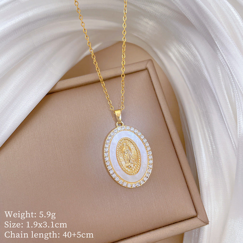 Cartoon Style Shell-Shaped Pendant Necklace for Women and Men in Titanium Steel with Full Rhinestone Inlay and Delicate Locket Chain