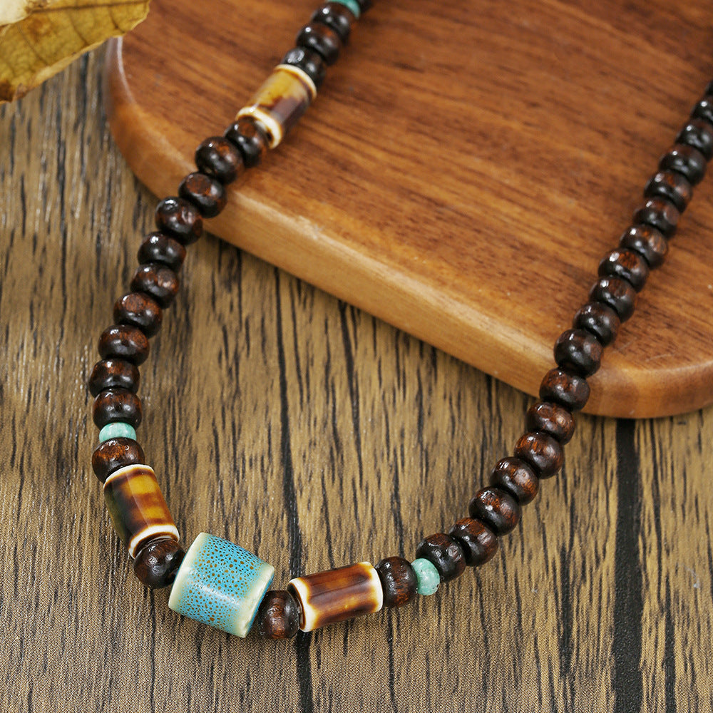 Vintage Ethnic Geometric Wood and Gemstone Cable Chain Necklace for Unisex