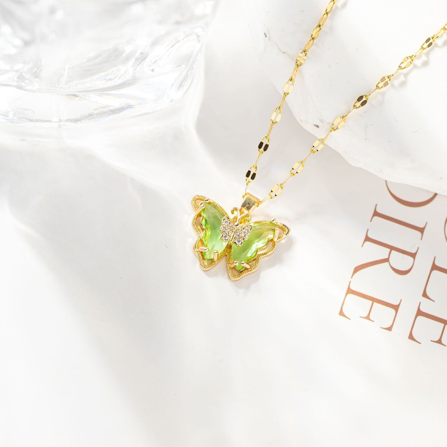 Minimalist Elegant Gold Plated Titanium Steel Butterfly Necklace with Crystal Inlay for Women