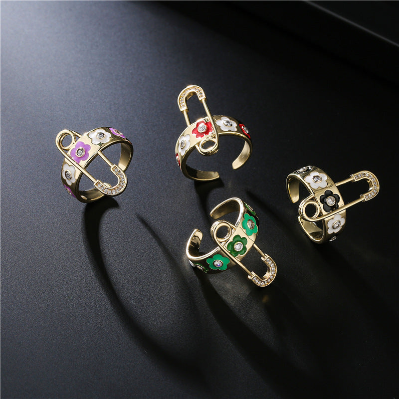 Elegant Geometric Floral Drip Oil Cubic Zirconia Inlay Brass Ring for Women