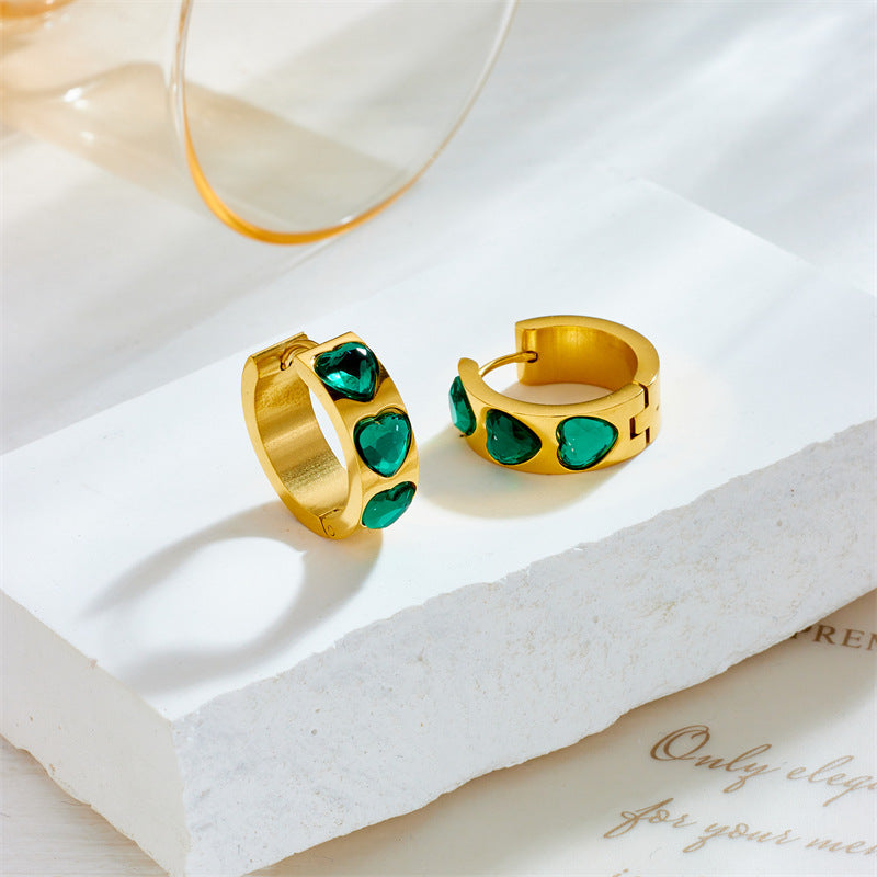 Orecchini a cerchio da donna minimalisti con strass a forma di cuore, incastonati, verde smeraldo, stile vintage, con fascia larga in acciaio al titanio