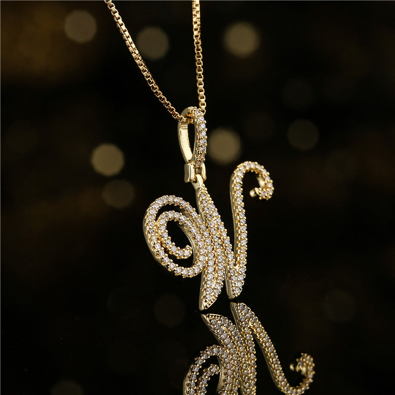 Minimalist Geometric Letter Pendant Necklace in Brass with Micro-Pavé Setting on Box Chain