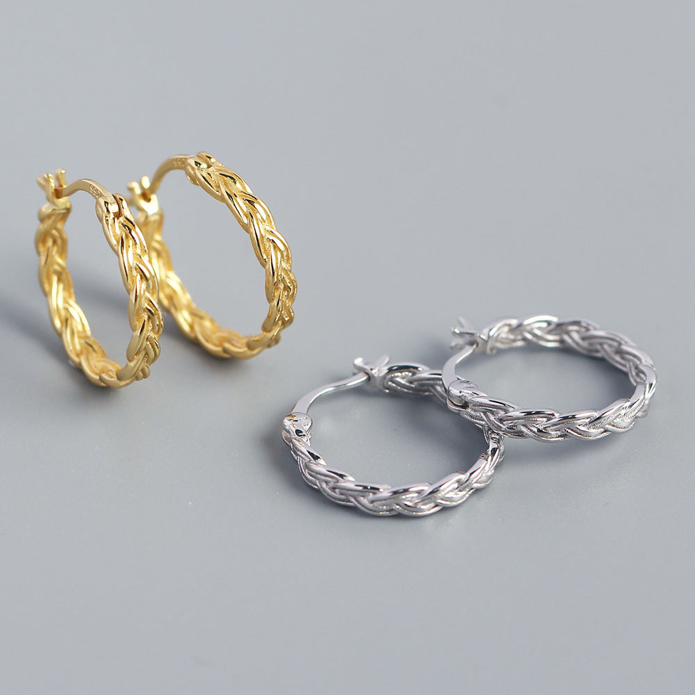 Minimalist Vintage 925 Sterling Silver Geometric Woven Hoop Earrings for Women
