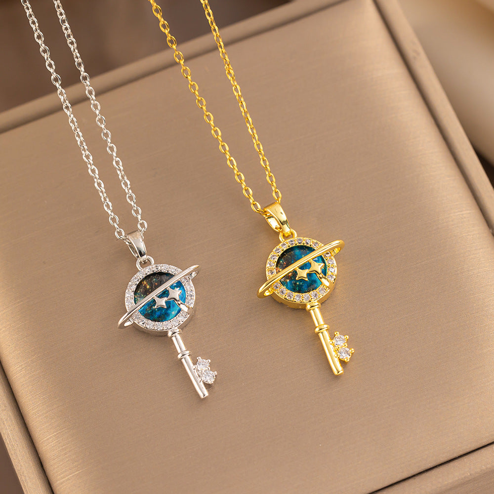 Minimalist Geometric Titanium Steel Plated Starry Sky Pendant Necklace for Women with O-Chain