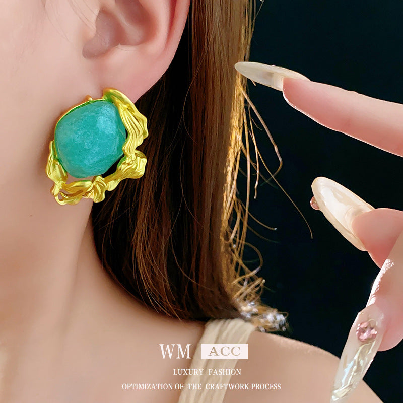Orecchini da donna verde smeraldo con forme geometriche, placcati in oro e perni in acciaio inossidabile, stile chic vintage