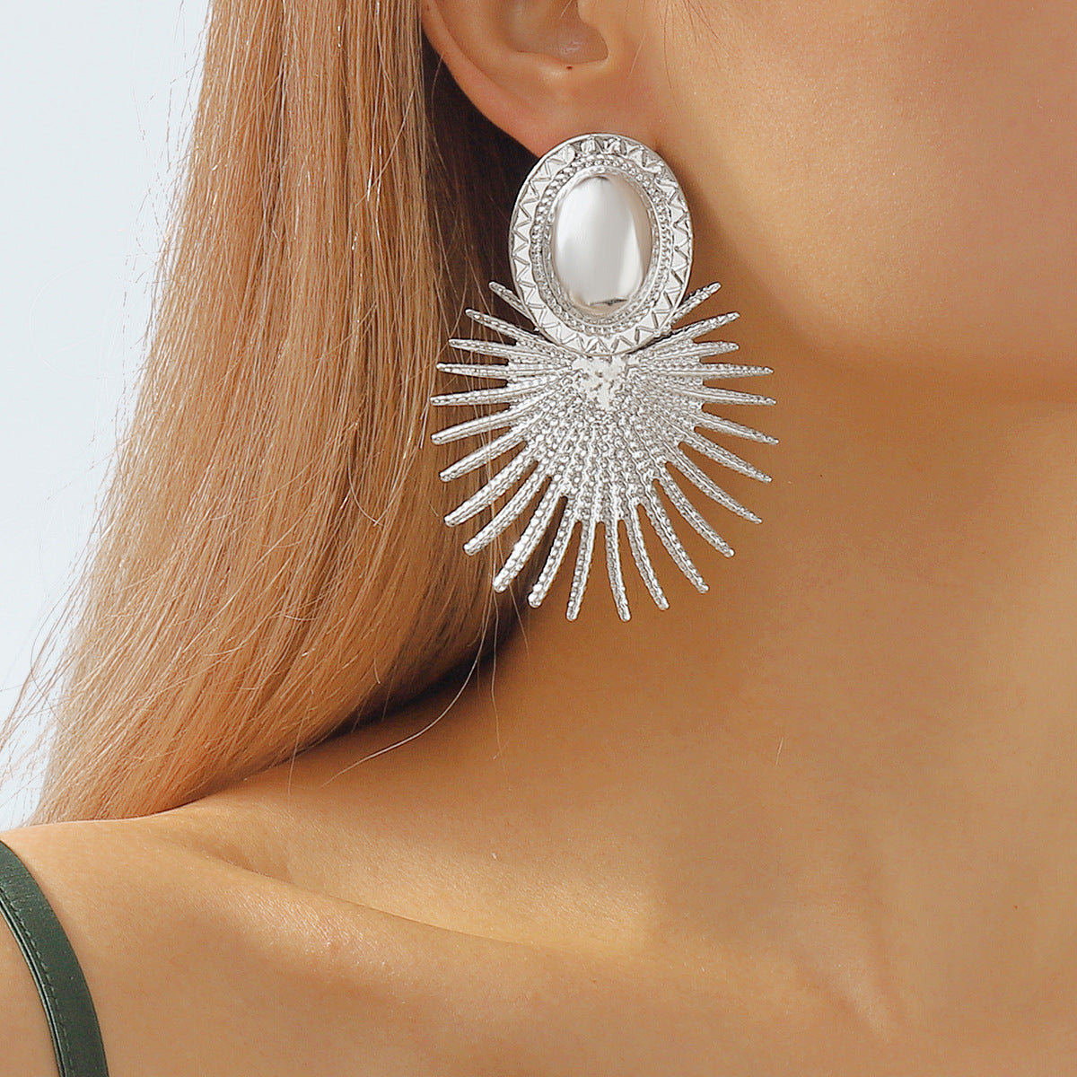Pendientes de borla geométricos en forma de abanico, estilo dulce-atrevido, para mujer con acabado de hierro galvanizado