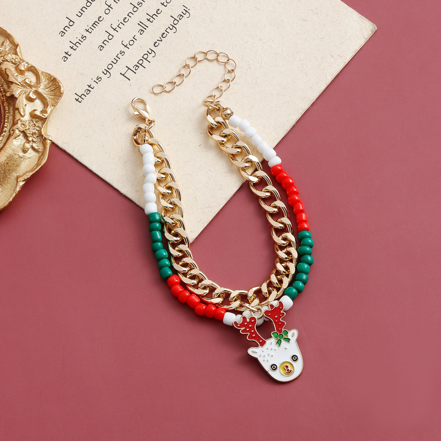 Minimalist Creative Double-Layer Bracelet for Women with Alloy Deer and Letter Pendant, Electroplated Finish, Christmas and New Year Themed