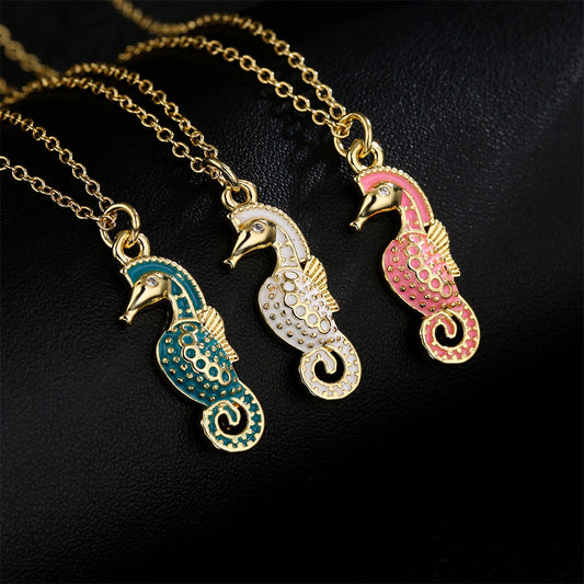 Minimalist Seahorse Pendant Necklace for Women in Copper with 18K Gold Plating and Enamel Finish