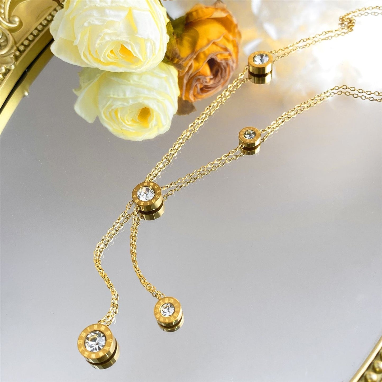 Elegant Minimalist Titanium Steel Micro-Inlaid Cubic Zirconia Geometric Round Pendant Necklace and Bracelet Set with Snake Chain