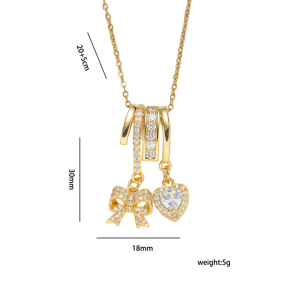 Collana Pendente Lusso Minimalista a Fiocco e Cuore in Acciaio al Titanio Placcato Oro su Catena a O per Unisex